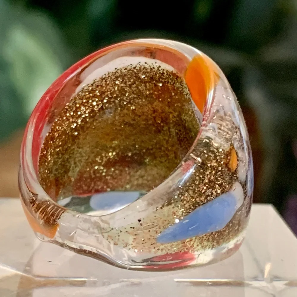 Vintage Murano Style Art Glass Hand Blown Lampwork Confetti Dome Ring Size 7